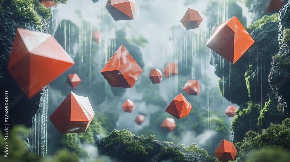 Poster a floating landscape with fragmented geometric elements suspended in mid-air