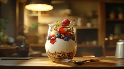 Delicious Breakfast Parfait with Berries Granola and Yogurt on a Rustic Wooden Tabletop Surface