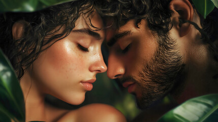 Adam and Eve from the Bible, in love together, God's creation of the first man and woman in the Garden of Eden, a story from the Bible about the great Adam and Eve.