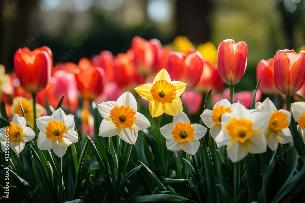 Poster vibrant tulips and daffodils create a colorful display in a sunny spring garden