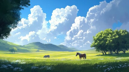 Two horses graze in a sun-drenched meadow under a vibrant sky.