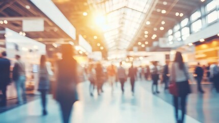 A vibrant scene of people in a modern exhibition hall. Soft focus creates an energetic atmosphere, reflecting collaboration and innovation at events.