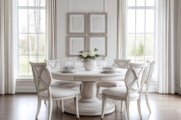 Elegant Whitewashed Dining Room with Round Table and Chairs