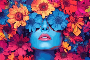 Colorful illustration of a woman with blue skin and pink lips wearing sunglasses surrounded by colorful flowers