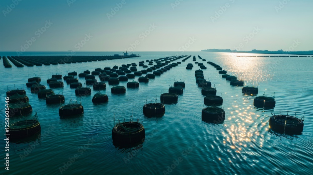 Poster Floating baskets used for aquaculture are arranged in neat rows across calm waters as the sun sets in the background, with boats visible on the horizon.