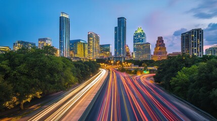 Fototapeta premium A vibrant city skyline featuring modern buildings, a busy highway, and cars traversing the road, showcasing urban life and infrastructure.