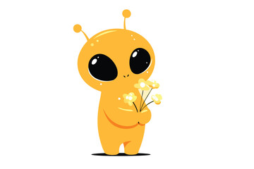 A bashful extraterrestrial, with large eyes, shyly presents a vibrant bouquet of bioluminescent alien flora.