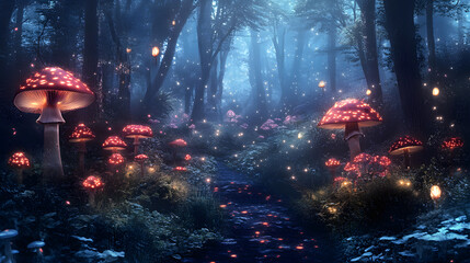 Obraz premium A serene forest scene filled with various mushrooms and soft glowing lights at twilight