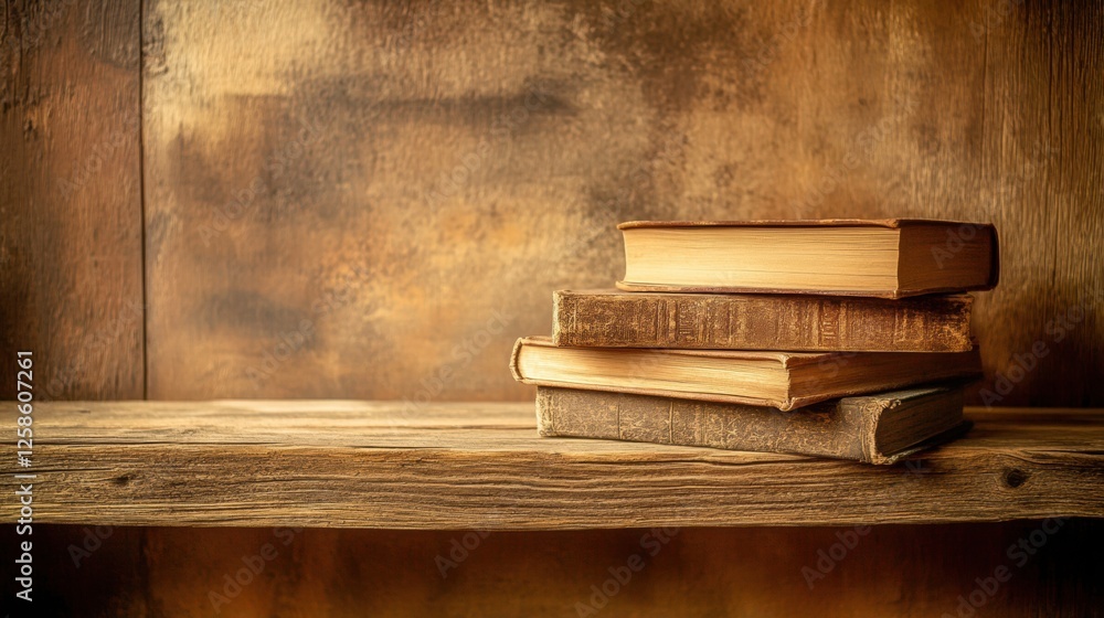 Aufkleber Rustic shelf displaying a stack of vintage books with ample space for personalized text or decoration. Generative AI