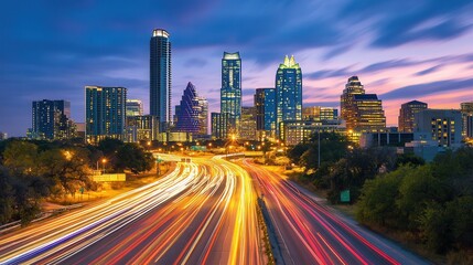 Fototapeta premium A vibrant city skyline featuring modern buildings, a busy highway, and cars bustling along the thoroughfare, showcasing urban life and infrastructure.