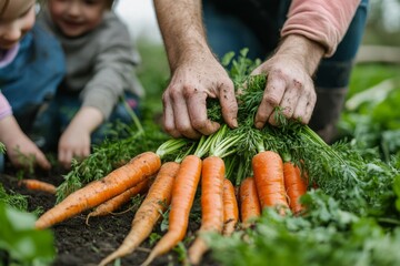 Farmer proudly displaying a bunch of freshly picked carrots, with children helping in the background, celebrating a successful harvest
