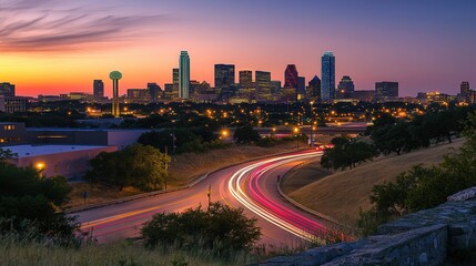 Fototapeta premium Aerial view showcasing a vibrant city skyline featuring a busy highway and a prominent bridge, highlighting urban architecture and infrastructure.