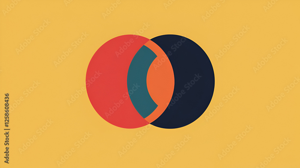 Wall mural Abstract Intersect: Overlapping circles in red, teal, and dark blue on a mustard yellow background create a visually striking abstract design, perfect for concepts of connection, unity, or contrast.