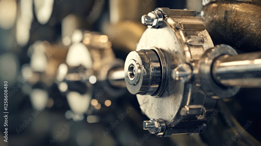 Poster industrial pump working with rotating shaft and gears, showcasing complex machinery in a factory or 