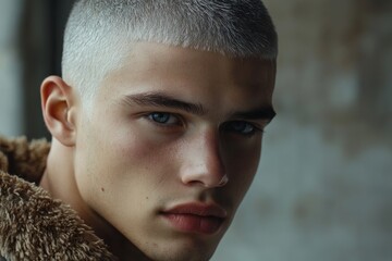 Close-up portrait of a fashionable young man with dyed platinum blonde hair and a modern buzz cut, wearing a stylish brown jacket