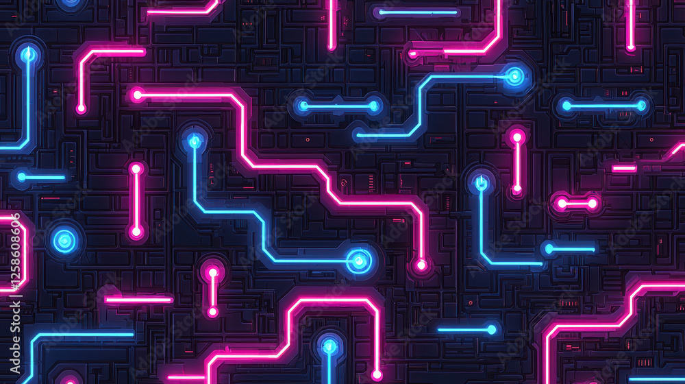 Poster futuristic cyberpunk pattern featuring neon circuits and intricate grids with glowing blue and purpl