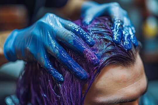 Hairdresser wearing gloves applying blue dye on purple hair of customer in hair salon