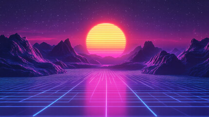 Classic 80s retro neon landscape with customizable space for creative designs