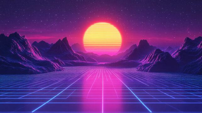 Classic 80s retro neon landscape with customizable space for creative designs