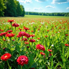 Fototapeta premium Field of Schafgarbe Achillea millefolium in summer sunlight, flowers, herb