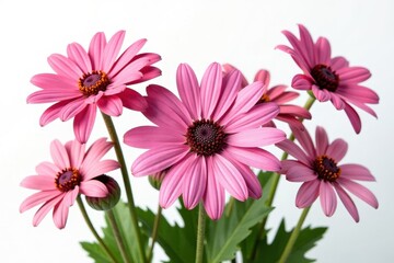 Fototapeta premium Fresh echinacea flowers on white background with leaves, echinacea flowers, white background, fresh flowers