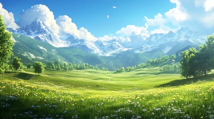 Obraz premium Breathtaking mountain meadow with lush green fields and towering white summits