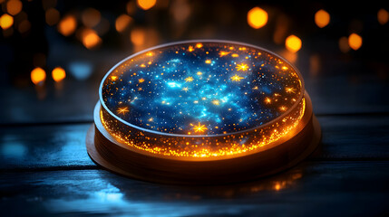 Decorative round cosmic sphere on wooden surface; glowing stars and fire effect; possible use as a home decor or artistic display