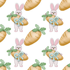 Seamless pattern on the theme of Easter, spring. cute Easter bunny and  with flowers. Easter Eggs, pastel colors design hand drawn.