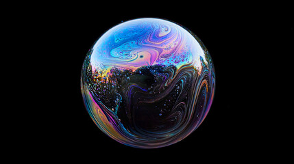 Dreamy soap bubbles floating serenely against a black background with vibrant iridescence