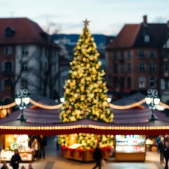 Fototapeta premium Christmas market at european town with christmas tree and lights evening time blured bokeh banner size Bokeh light lights background bokeh abstract light bright effect shiny