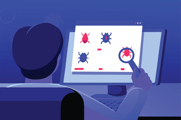 A focused software tester meticulously reviews lines of code on a computer screen, highlighting potential bugs.