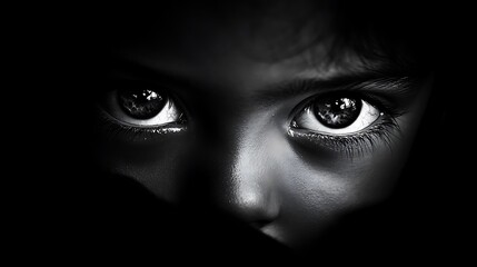 A captivating monochrome portrait highlighting the intense gaze of a child, evoking emotions of curiosity and innocence through expressive eyes against a dark background.