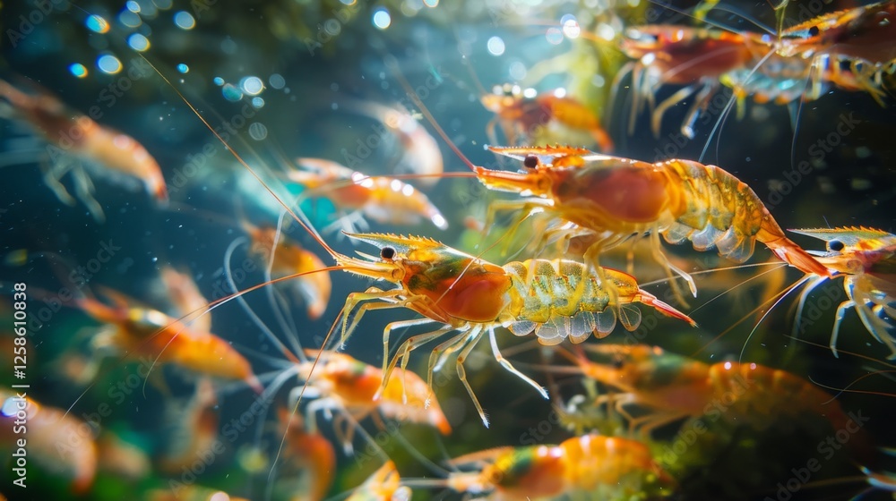 Poster multiple shrimp are swimming together in clear water, showcasing their vibrant colors and delicate f