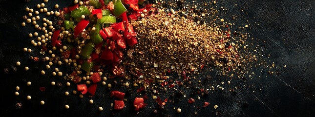 A mix of red and green bell peppers, black pepper powder, and white speckled chili seeds on a dark background
