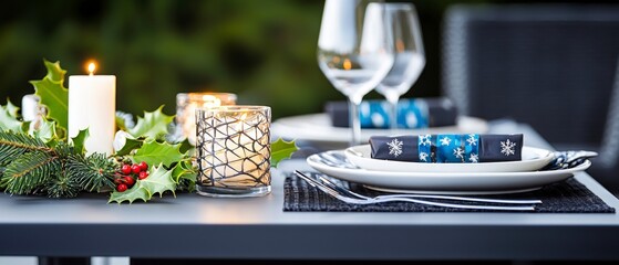 Romantic Outdoor Christmas Table Setting with Candles and Holly