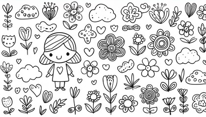 Cute kid icon element line flower, cloud, heart background. Hand drawn doodle cute cartoon scribble element set. Flower, heart, cloud children elements background. perfect any project.