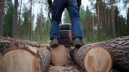 A worker operates a chainsaw to cut logs in a dense forest, sending sawdust flying amid towering trees in daylight