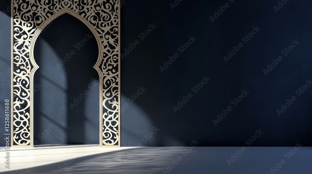 Poster delicate arabesque patterns cast enchanting shadows on a dark blue background, hinting at an atmosph