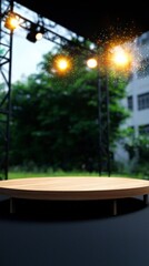 Fototapeta premium Round Wooden Stage Display with Outdoor Background and Golden Spotlights
