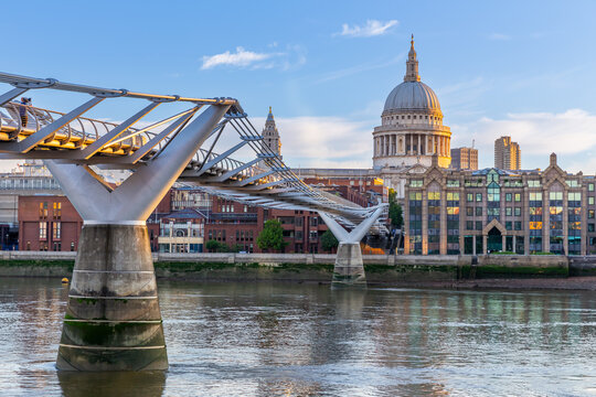 St. Paul's Cathedral and the Millennium Bridge in London in the morning