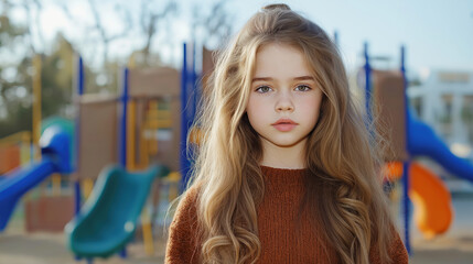 Girl with long blonde hair in brown sweater at playground. Kids fashion catalog