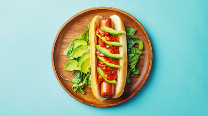 Delicious hot dog with avocado slices and spicy mayo on a wooden plate against a blue background