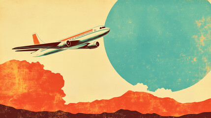 Vintage travel adventure with retro airplane soaring through the warm sky