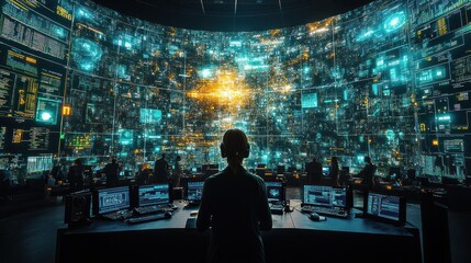 Operator in data control room, analyzing complex system