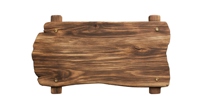 Wooden sign board with transparent background hanging on wood pillars
