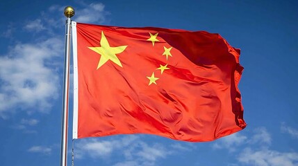 Chinese national flag flying gracefully in the wind, with a bright blue sky and a glowing sun creating a vibrant atmosphere Chinese national flag, flying gracefully, wind, bright blue sky, glowing 
