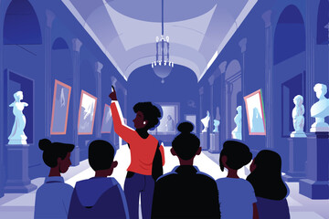 Obraz premium A charismatic tour guide passionately explains an exhibit to an engaged group of museum visitors. The scene is brightly lit, showcasing artifacts and the guide's enthusiasm.