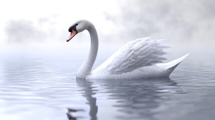 Fototapeta premium Serene Swan on Misty Lake: A Symphony of Grace and Tranquility