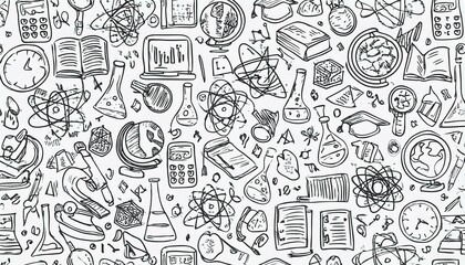 Doodle science, education school icon. Hand drawn sketch style doodle science background. School chemistry, physics education, biology concept icon. Hand drawn line perfect any project.