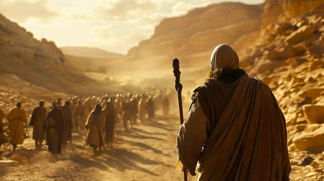 Moses who saves his people through the great desert, fleeing from the Egyptian army during the Exodus, Moses leading large columns of people with God's word.
